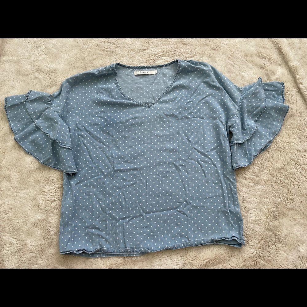 Love 8 - White Poka Dots on Blue Blouse - Large